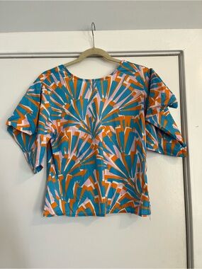 Teal Blue Pink Orange Geometric short bell Sleeve Blouse Raiment medium NWT